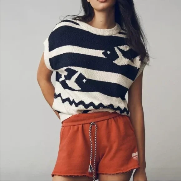 Anthropologie Maeve Crewneck Fish Motif Sweater Vest Cream Blue Large Sardine - Picture 3 of 13